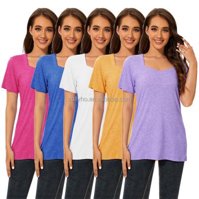 China Anti-wrinkle Women's Diamond Neck T-shirt Casual Fit Holiday Short Sleeve Shirt Customized Printing Wholesale Solid Color Women's T-shirt for sale