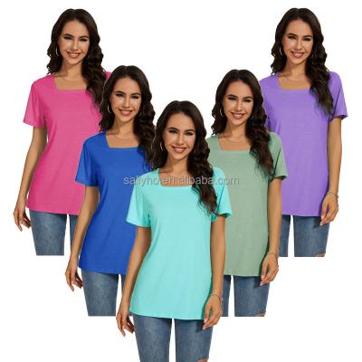 China Anti-wrinkle Wholesale Women's Square Neck T-shirt Breathable Fit Casual Short Sleeve Top Shirt Solid Basic Fashion Versatile T-shirt for sale