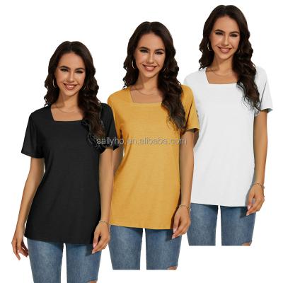 China Anti-wrinkle Comfortable square neck T-shirt Women's casual vacation short sleeved shirt Custom printed fashion solid color women's T-shirt for sale