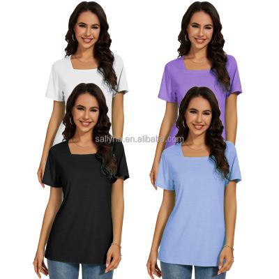 China Anti-wrinkle Women's Square Neck T-shirt Leisure Vacation Short Sleeve Shirt Fit Breathable Fashion Solid Color Comfortable Women's T-shirt for sale