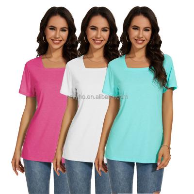 China Anti-wrinkle Women's square neck T-shirt casual vacation short sleeved shirt breathable fashion solid color women's comfortable T-shirt for sale