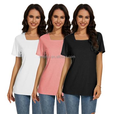 China Anti-wrinkle Wholesale Women's Square Neck T-shirts Basic Short Sleeve Shirts Breathable Fashion Solid Color Comfortable Women's T-shirts for sale