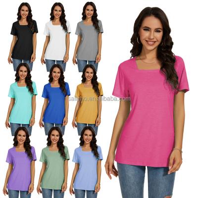 China Anti-wrinkle Comfortable women's square neck T-shirt Fashion casual vacation short sleeved shirt Breathable basic solid color women's T-shirt for sale