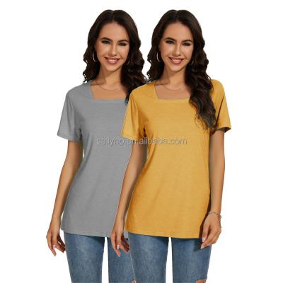 China Anti-wrinkle Wholesale Comfortable Women's Square Neck Top Casual Short Sleeve Shirt Custom Printed Fashion Plain Color Women's T-shirt for sale