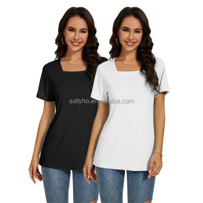 China Anti-wrinkle Meihaorizi Wholesale Women's Square Neck T-shirt Custom Printed Graphic Top Short Sleeve Shirt Fashion Plain Women's T-shirt for sale