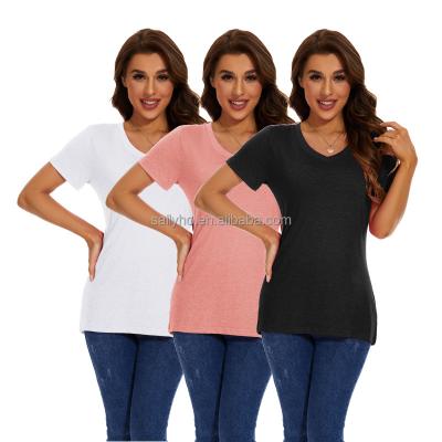 China Anti-wrinkle Wholesale women's V-neck T-shirts Fit casual vacation short sleeved tops Customized graphic shirts Fashion versatile T-shirts for sale