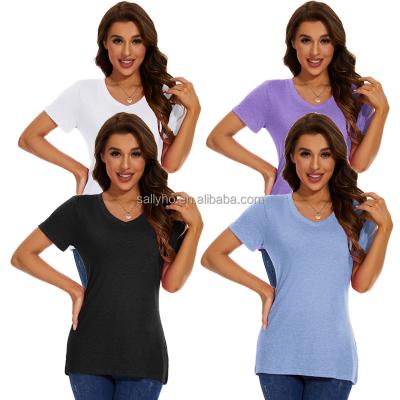 China Anti-wrinkle Wholesale Women's V-neck Solid Color T-shirt Fitted Casual Short Sleeve Top Customized Graphic Shirt Fashion Versatile T-shirt for sale