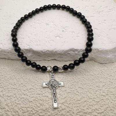 China Religious High Quality Handmade Classic Beads Bracelet Custom Design Volcano Jesus Coffee Black Cross 6mm/8mm for Men's Wedding/Party for sale