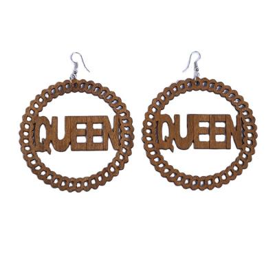 China TRENDY Big Circle Women's Wooden Earrings Hollow Carved Cutting Shape of word queen Versatile Premium for Wedding & Gift Occasions for sale