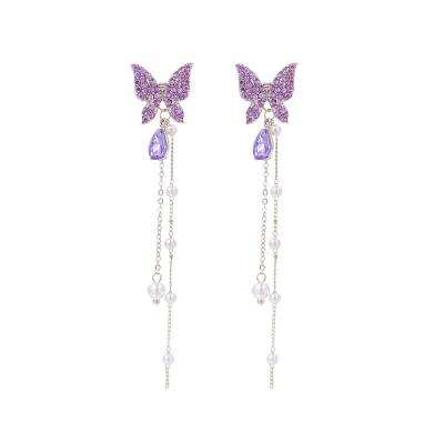 China TRENDY Wholesale Trendy Fairy Butterfly Earrings with Slimming Long Pearl Tassels Silver Plated Rhinestone Jewelry Women Factory Made for sale