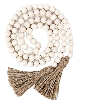 China Wood 58in Rustic Wood Bead Garland with Tassels Boho Prayer Beads for Wall Hanging Country Nature Farmhouse Decor for sale