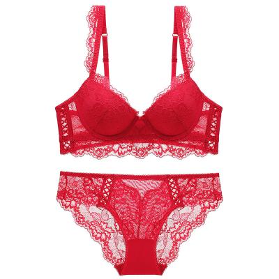 China New French Lace Women's Breathable Underwear Sexy Chest Gathering Small Adjusted Red Large Size Bra Set for sale