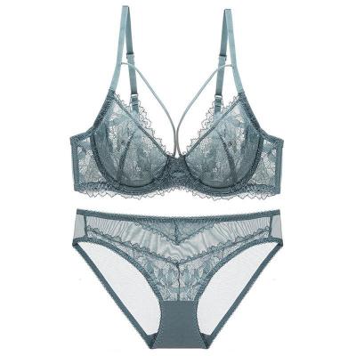 China New lace women's underwear perspective bra set large chest breathable French ultra-thin sexy ultra-thin small size bra set for sale