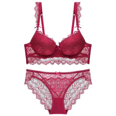 China Breathable Europe and the United States Sexy Gathering Top Bra Thin Lace Bottom Thick Women's Underwear Bra Set for sale