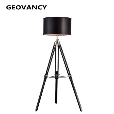 China Modern Industrial Fabric Tripod Wooden Floor Lamp for sale