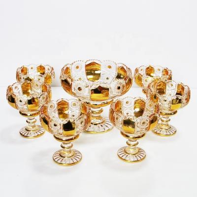 China Sustainable Middle Eastern Style Bohemia Gold Design 7 PCS Muslim Glass Bowl Set With Moss Box for sale