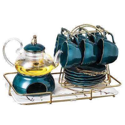 China Sustainable Nordic Lightweight 6 Cups Coffee Set Luxury With Tray Glass Heating Teapot And Cups Coffee Mug With Dish for sale