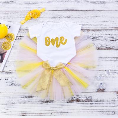 China Breathable 3 Pcs / Set Baby Tutu Skirt Set First 1st Birthday Outfits Headband T-shirt Set Baby Tulle Lace Mesh Newborn Infant Dress for sale