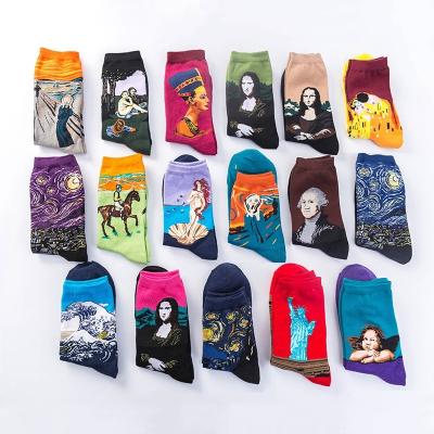 China Viable Novelty Famous Oil Painting Art Socks Men Women Street Graffiti Van Gogh Mona Lisa Socks Harajuku Design Cotton Long Socks for sale