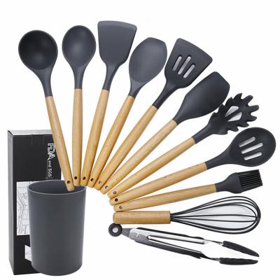 China Durable 12 Pieces Set Wooden Handle Silicone Kitchen Cooking Tools Spatula Shovel Spoon Cookware Utensils for sale