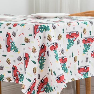 China Red Christmas Truck Holiday Polyester Rectangle Waterproof Polyester Table Cloth, Christmas Trees Table Cloth for sale