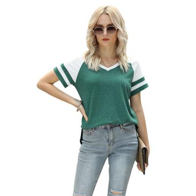 China 2021 QUICK DRY European and American new products summer women's contrast color and striped V-neck fashion casual T-shirt with split edge for sale