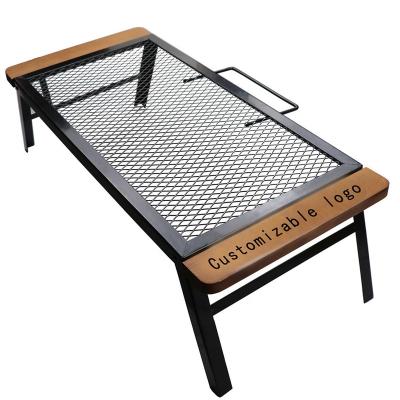 China Modern Outdoor Anti-scalding Convenient Folding Table AIMOYU Handle Net Camping Barbecue Iron Wood Table for sale