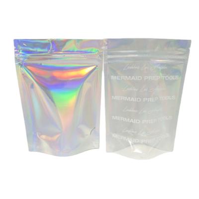 China Hologram Moisture Proof Reusable Foil Stand Up Zipper Pouch Clear Holographic Mylar Glitter Bags For Makeup Cosmetic for sale