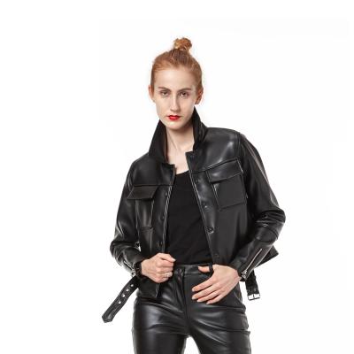 China New Treding Anti Wrinkle Women's Faux Lether Jacket Shorts Zipper Stylish Vintage Slim Fit Casual Coats With Belt for sale