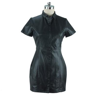 China Washable Women's PU Leather Dress Plus Size Elegant Short Sleeve Ladies Dresses For Autumn And Winter Work Casual Black for sale