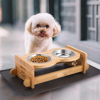 China Sustainable Adjustable Pet Feeders wooden bamboo stand dog cat pet bowl for sale