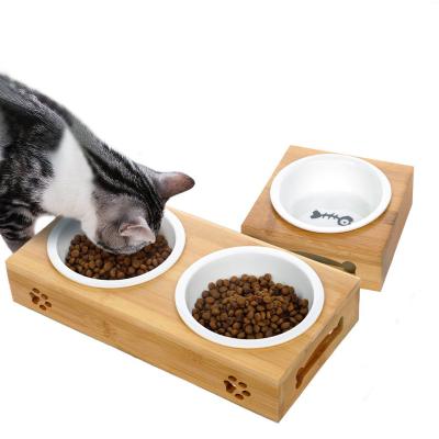 China Sustainable bamboo dog bowl Raised Stand elevated pet feeder for sale