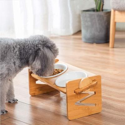 China Sustainable Adjustable Raised Tilted Elevated Dog Bowl Stand with Ceramic Bowl for sale