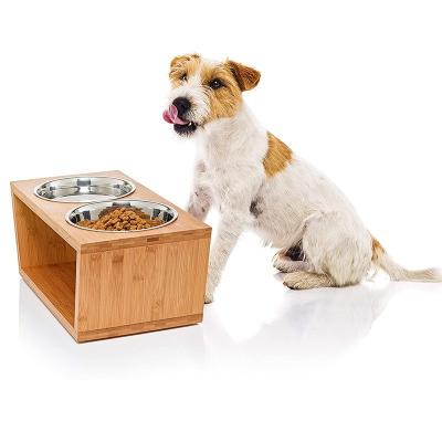 China Sustainable Solid Bamboo pet food bowl stand with Stainless steel Food Feeding Bowl for sale