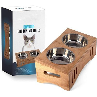 China Sustainable Natural bamboo pet food bowl stand with 2 Stainless steel bowls for sale