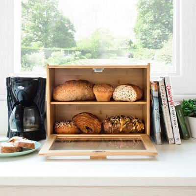 China Sustainable Double Layer Bread Storage container with Clear Windows Bamboo Bread Box for Kitchen Counter for sale