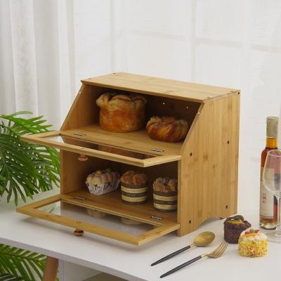 China Sustainable 2 Tiers Large Bamboo Bread Storage Box with Transparent Window for sale