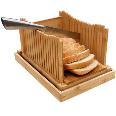 China Sustainable Adjustable Foldable nature Bamboo Bread Slicer with Crumb Tray for sale