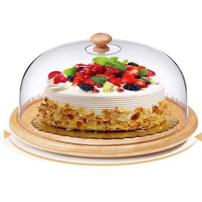 China Sustainable Bamboo Rotating cake holder wooden cake stand with Acrylic Lid for sale