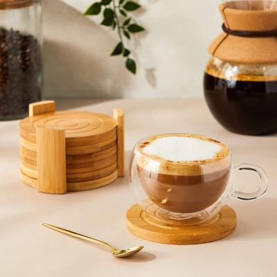 China Sustainable Set of 6 Bamboo Wood Coaster with Holder for Coffee Table Hot Drinks for sale