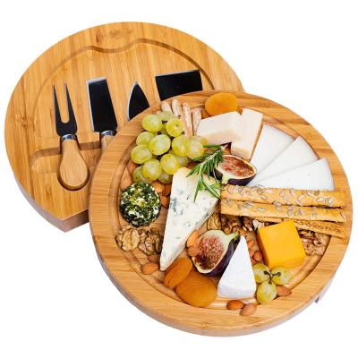 China Sustainable Gift Idea Serving Tray 10 inch Round bamboo Charcuterie Board With Knife Set for sale