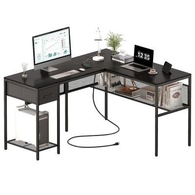 China Other Black Wood  Industrial L Shaped Desk with Power Outlets, Computer Desk for Office with Drawer Bookshelf for sale