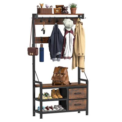 China Eco-friendly Material Coat rack entryway wood panel hall tree with bench and shoe storage, drawers for sale