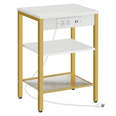 China Eco-friendly Material White and gold  wooden 3-Tier Bed side table for living room,bedroom with Charging Station and USB Ports,  Adjustable Shelves, for sale