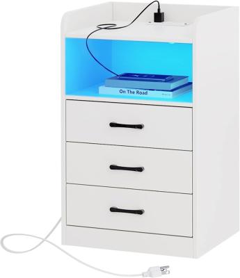 China Eco-friendly Material modern sofa bedroom side table Nightstand with Charging Station and LED Light Strips with Drawers for sale