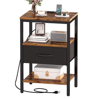 China Adjustable (height) 3 tier living room metal frame nesting side table with Charging Station,Adjustable Fabric Drawer for sale