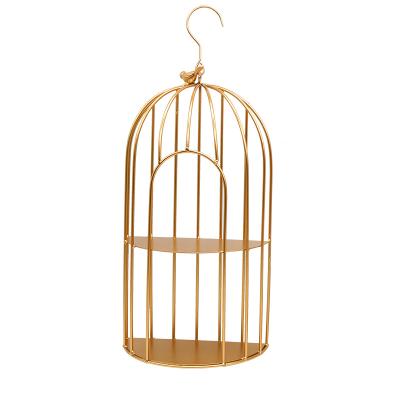 China Viable Wedding Cake Bird Cage Gold 2 Tier Storage Display Rack Metal Dessert Wire Rack Cafe Decoration Cupcake Stand for sale