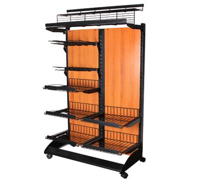 China Wooden retail display rack rack shelf display stand with slatwall/MDF display board/wooden flooring display rack with basket and metal wire shelf for sale