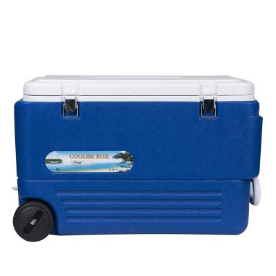 China 80 Liter Factory Large PU Foam Chinese Plastic Insulator Trolley Insulated Cooler Box for sale