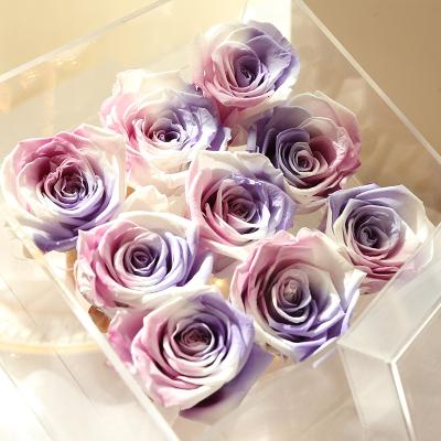 China Natural Fresh Rose With Holes Natural Custom 9 Square Clear Cover Display Packaging Wedding Preserved Rose Storage Bouquet Acrylic Flower Box for sale